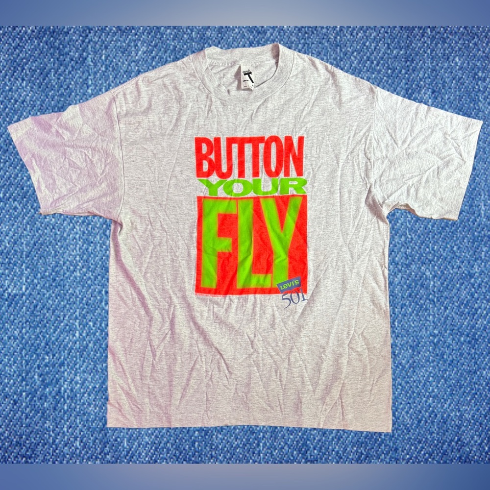 VTG Levis 501 Button Your Fly T Shirt Single Stitch Graphic Tee 90s Gray Neon XL